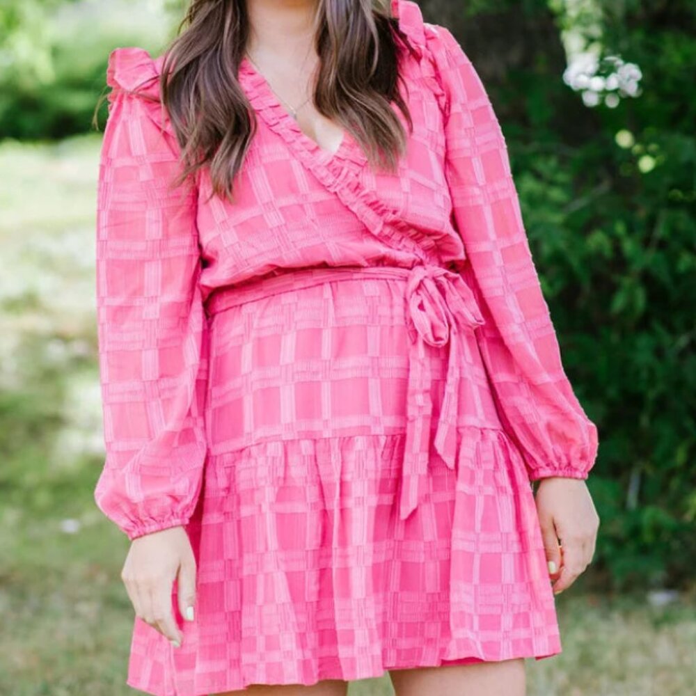 Adelyn Rae Mel Textured Ruffle Wrap Mini Dress (M)